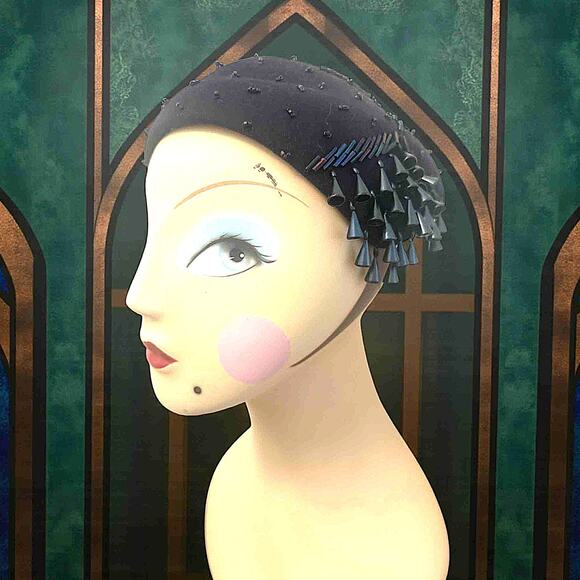 Vintage 1950s Jami Exclusive Navy Felt Cocktail Hat w/ Beaded Fringe & Sequins main image 7